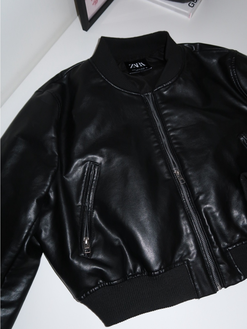 zara black faux leather bomber jacket with zip pockets
